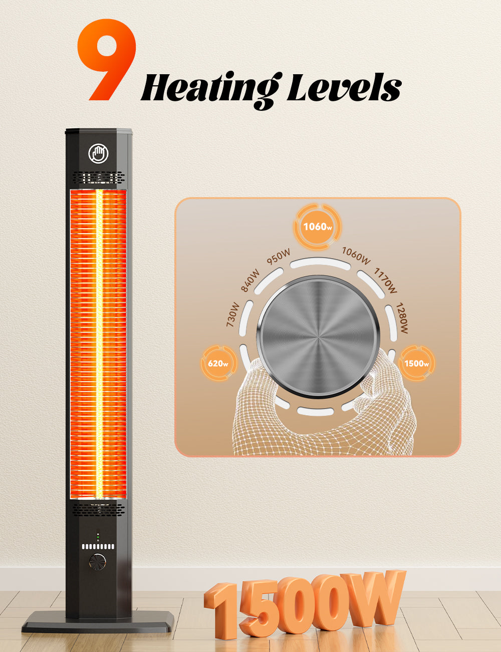 HETRAROOT 42INCH Outdoor Heater, 9Heat Levels&Timer, Child Safety Lock, IP65 Waterproof Garage Heater, 1500W Infrared Heating Patio Heater, Tip-Over&Overheat Protection, Outside Heaters for Patio Electric