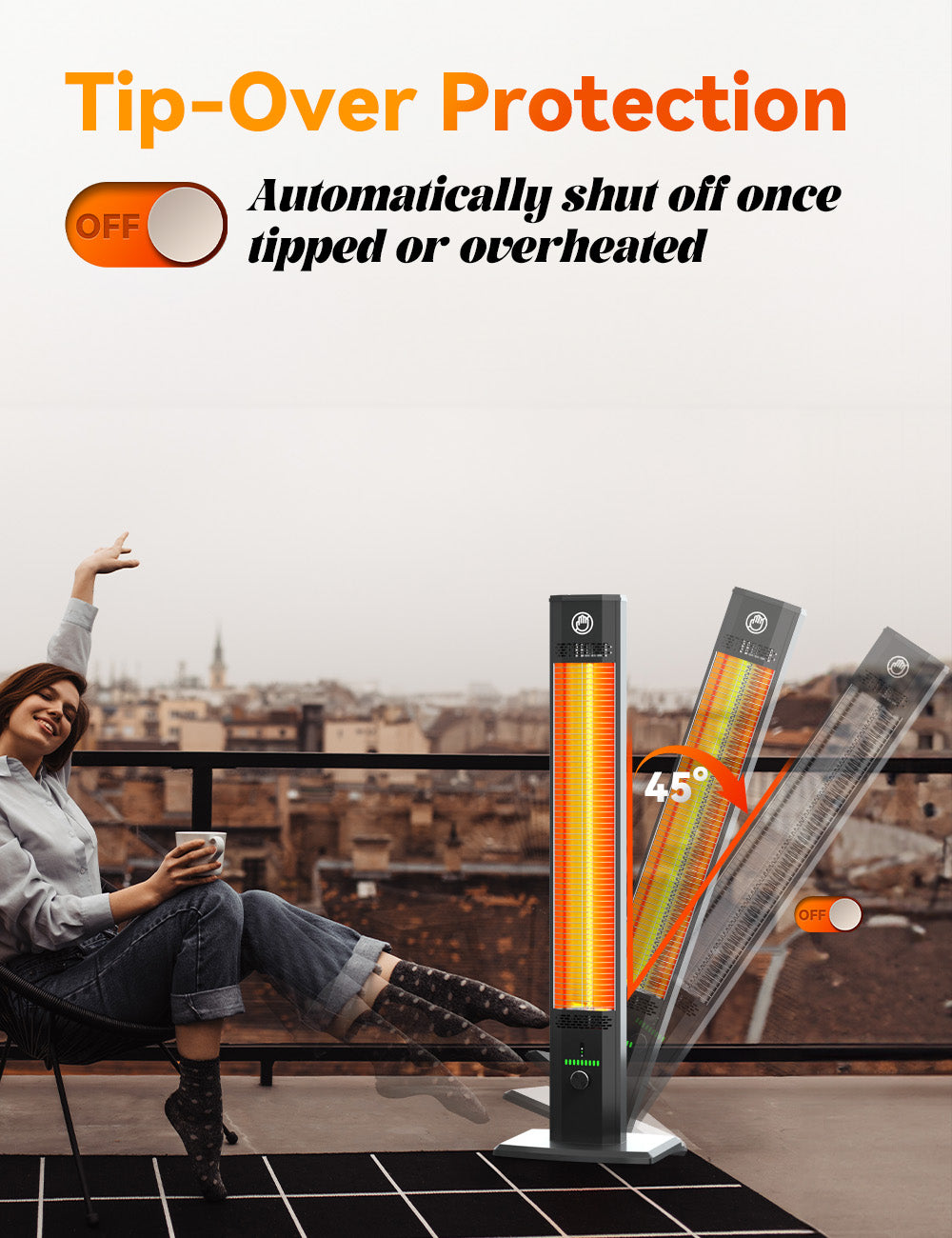 HETRAROOT 42INCH Outdoor Heater, 9Heat Levels&Timer, Child Safety Lock, IP65 Waterproof Garage Heater, 1500W Infrared Heating Patio Heater, Tip-Over&Overheat Protection, Outside Heaters for Patio Electric