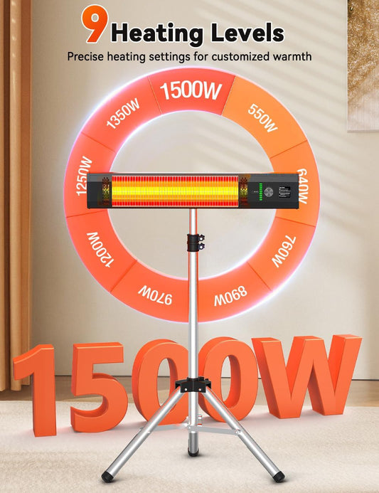 1500W Outdoor Heaters for Patio with 9 Heating Levels, IP65 Waterproof, 9H Timer, 25FT Remote Electric Patio Heaters for Outdoor Use, Tip-Over & Overheat Protection for Home, Office, Garage
