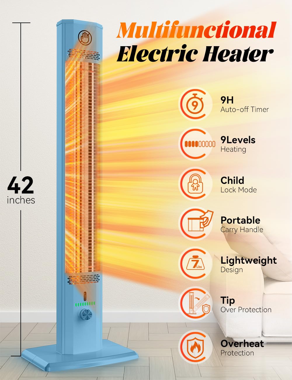 HETRAROOT 42INCH Outdoor Heater, 9 Heat Levels & Smart Timer, Child Safety Lock, IP65 Waterproof Garage Heater, 1500W Infrared Heating,Tip-Over & Overheat Protection, Patio Heaters for Outdoor Use, Indoor