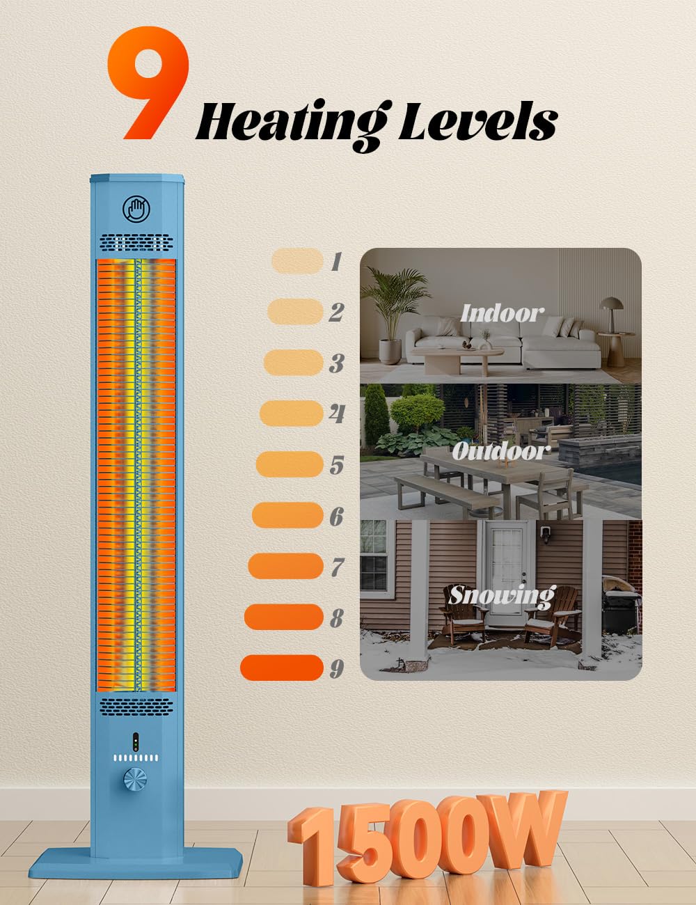 HETRAROOT 42INCH Outdoor Heater, 9 Heat Levels & Smart Timer, Child Safety Lock, IP65 Waterproof Garage Heater, 1500W Infrared Heating,Tip-Over & Overheat Protection, Patio Heaters for Outdoor Use, Indoor