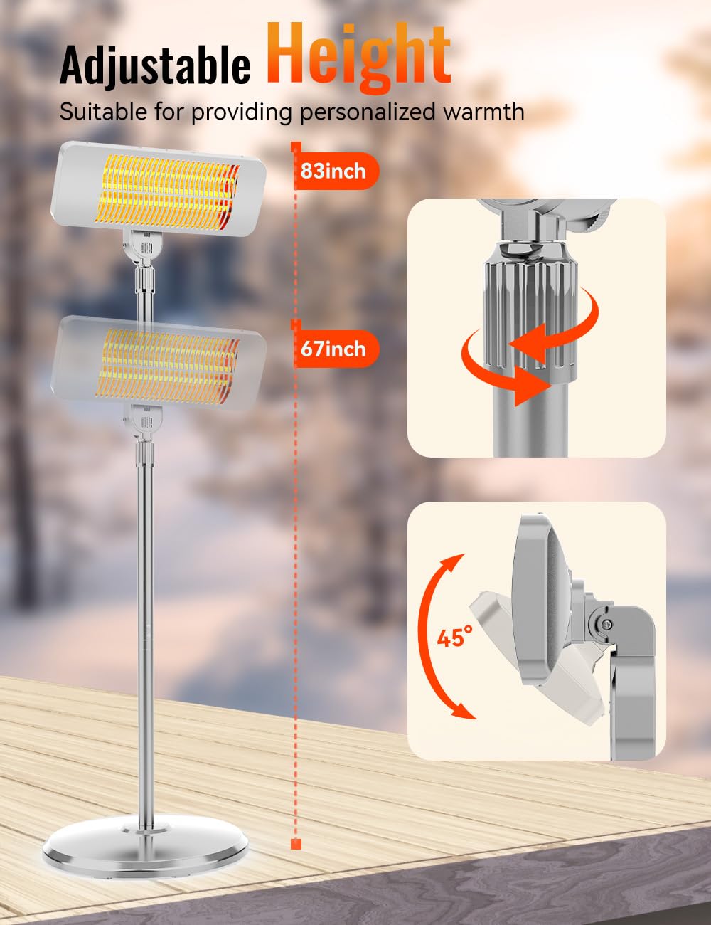 HETRAROOT Outdoor Electric Patio Heater 2 Heat Levels, 12H Timers Grey