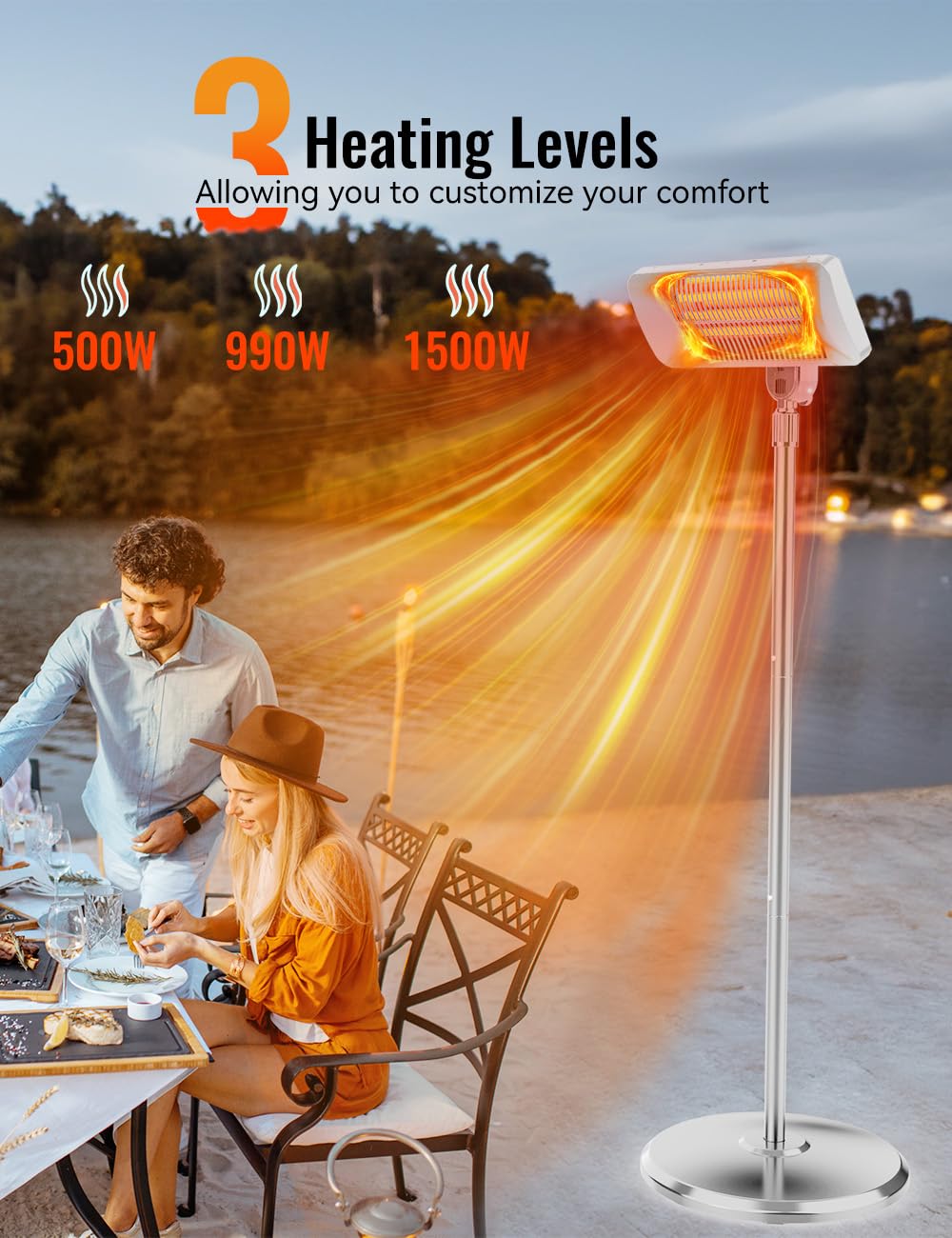 HETRAROOT Outdoor Electric Patio Heater 2 Heat Levels, 12H Timers Grey
