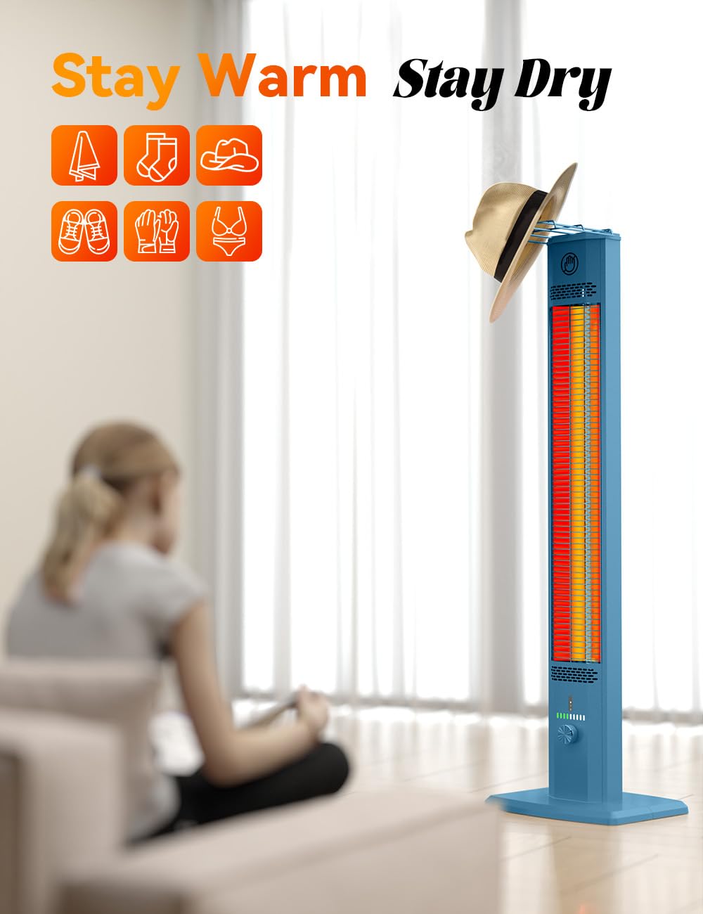 HETRAROOT 42INCH Outdoor Heater, 9 Heat Levels & Smart Timer, Child Safety Lock, IP65 Waterproof Garage Heater, 1500W Infrared Heating,Tip-Over & Overheat Protection, Patio Heaters for Outdoor Use, Indoor