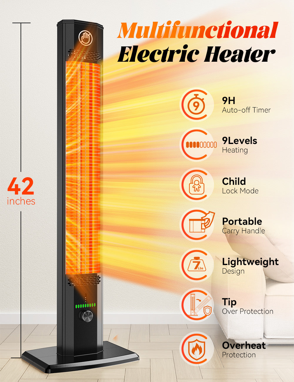 HETRAROOT 42INCH Outdoor Heater, 9Heat Levels&Timer, Child Safety Lock, IP65 Waterproof Garage Heater, 1500W Infrared Heating Patio Heater, Tip-Over&Overheat Protection, Outside Heaters for Patio Electric