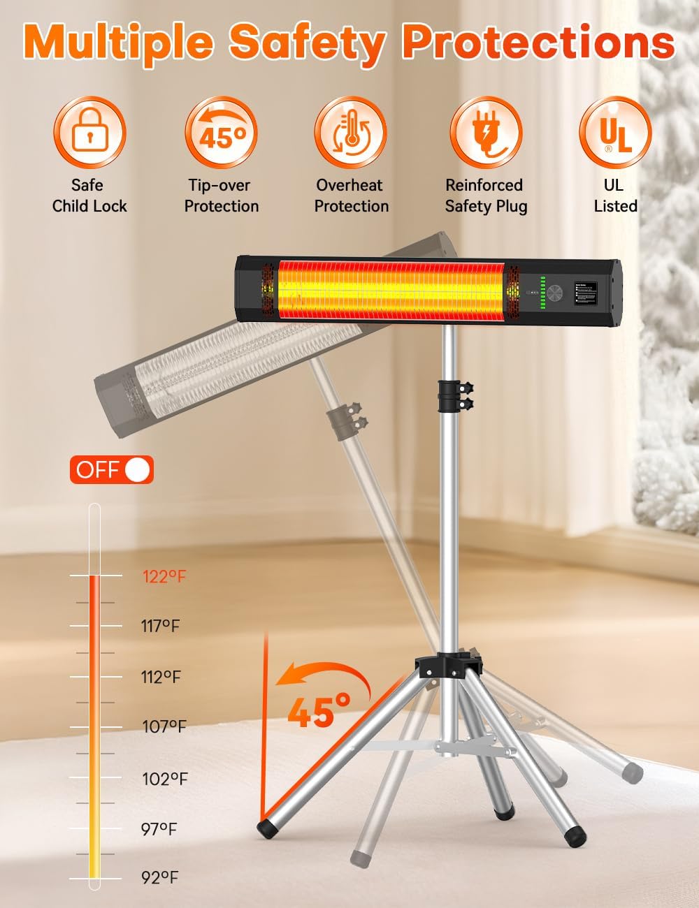 1500W Outdoor Heaters for Patio with 9 Heating Levels, IP65 Waterproof, 9H Timer, 25FT Remote Electric Patio Heaters for Outdoor Use, Tip-Over & Overheat Protection for Home, Office, Garage