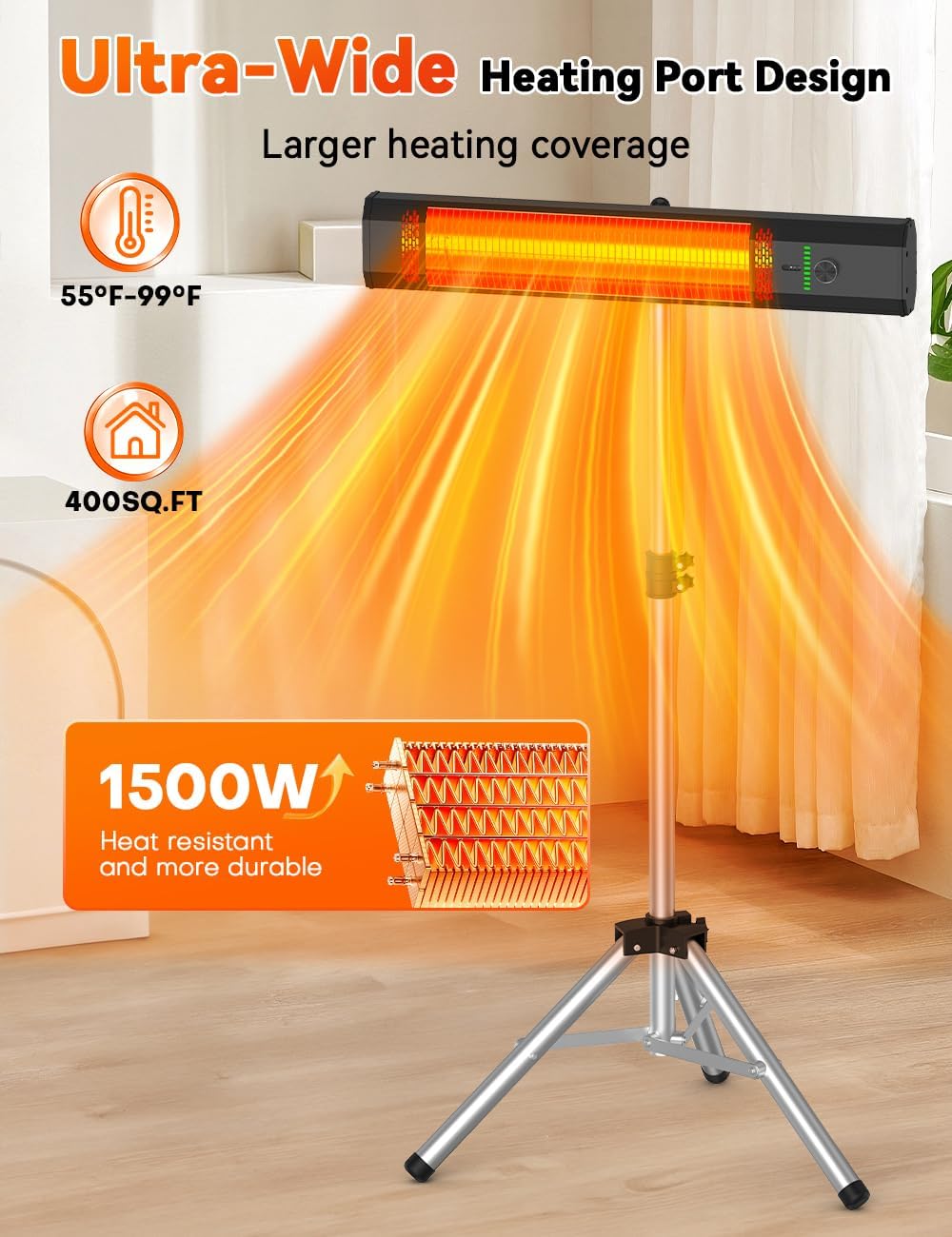 1500W Outdoor Heaters for Patio with 9 Heating Levels, IP65 Waterproof, 9H Timer, 25FT Remote Electric Patio Heaters for Outdoor Use, Tip-Over & Overheat Protection for Home, Office, Garage