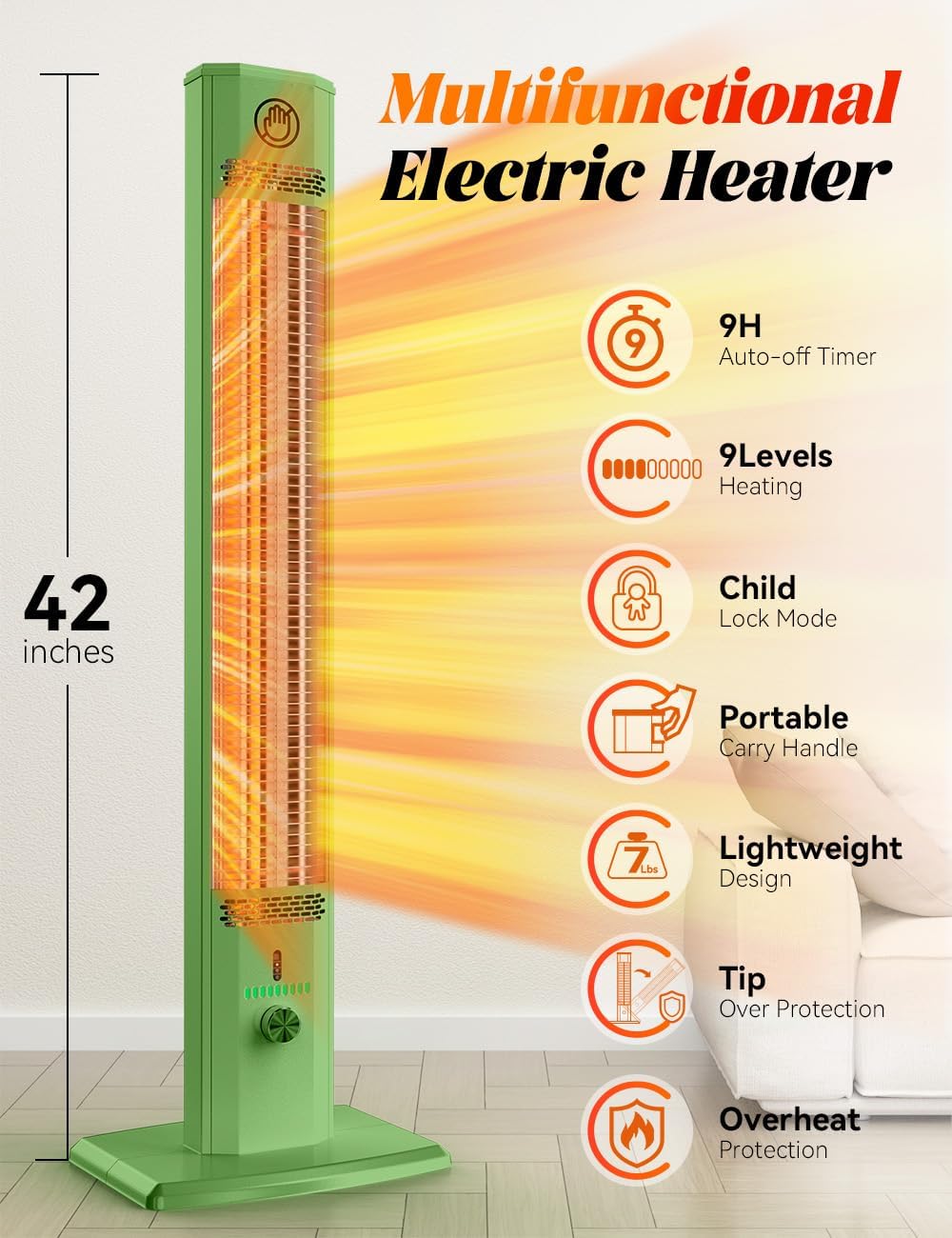 42INCH Outdoor Heater, 9 Heat Levels & Timer, Child Safety Lock, IP65 Waterproof Garage Heater, 1500W Infrared Heating,Tip-Over & Overheat Protection, Patio Heaters for Outdoor Use Indoor
