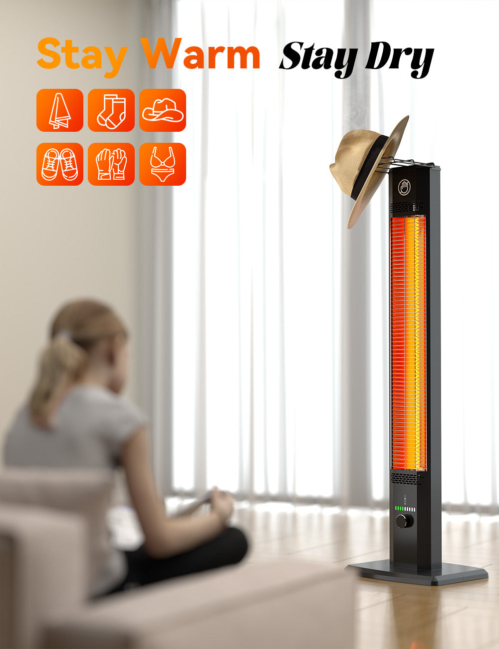 HETRAROOT 42INCH Outdoor Heater, 9Heat Levels&Timer, Child Safety Lock, IP65 Waterproof Garage Heater, 1500W Infrared Heating Patio Heater, Tip-Over&Overheat Protection, Outside Heaters for Patio Electric