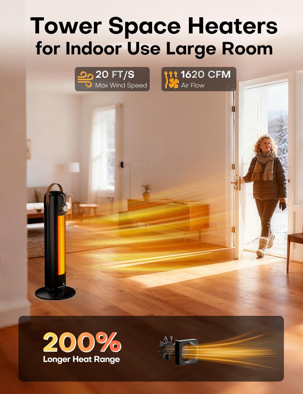 Tower Space Heaters for Indoor Use Large Room w/4 Heat Modes, 70°Oscillating 25" Tall Portable Electric Heater, Overheating & Tip-Over Protection, 1500W PTC Ceramic Stand Up Heater for Room