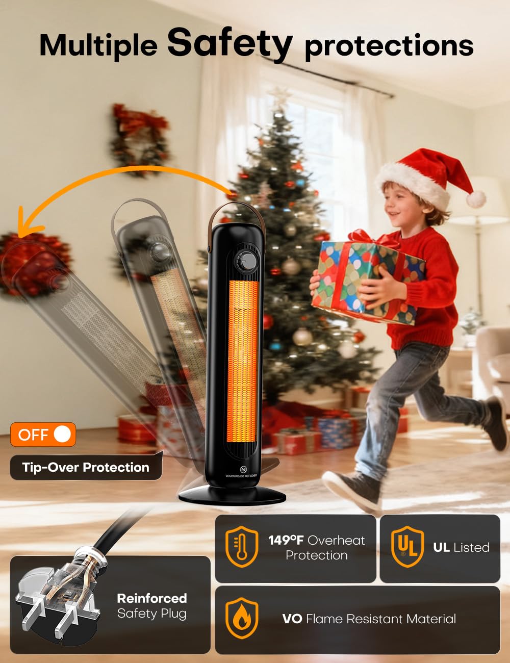 Tower Space Heaters for Indoor Use Large Room w/4 Heat Modes, 70°Oscillating 25" Tall Portable Electric Heater, Overheating & Tip-Over Protection, 1500W PTC Ceramic Stand Up Heater for Room