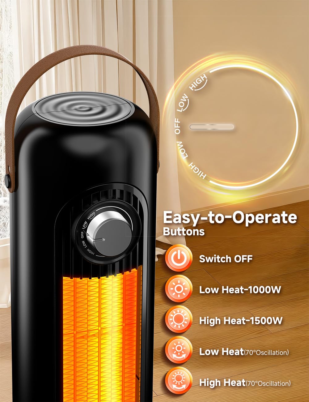 Tower Space Heaters for Indoor Use Large Room w/4 Heat Modes, 70°Oscillating 25" Tall Portable Electric Heater, Overheating & Tip-Over Protection, 1500W PTC Ceramic Stand Up Heater for Room