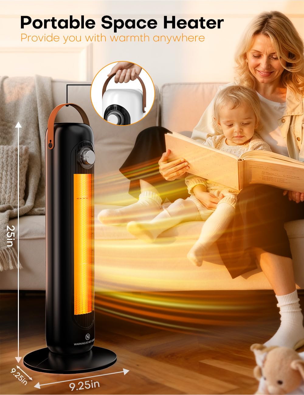 Tower Space Heaters for Indoor Use Large Room w/4 Heat Modes, 70°Oscillating 25" Tall Portable Electric Heater, Overheating & Tip-Over Protection, 1500W PTC Ceramic Stand Up Heater for Room