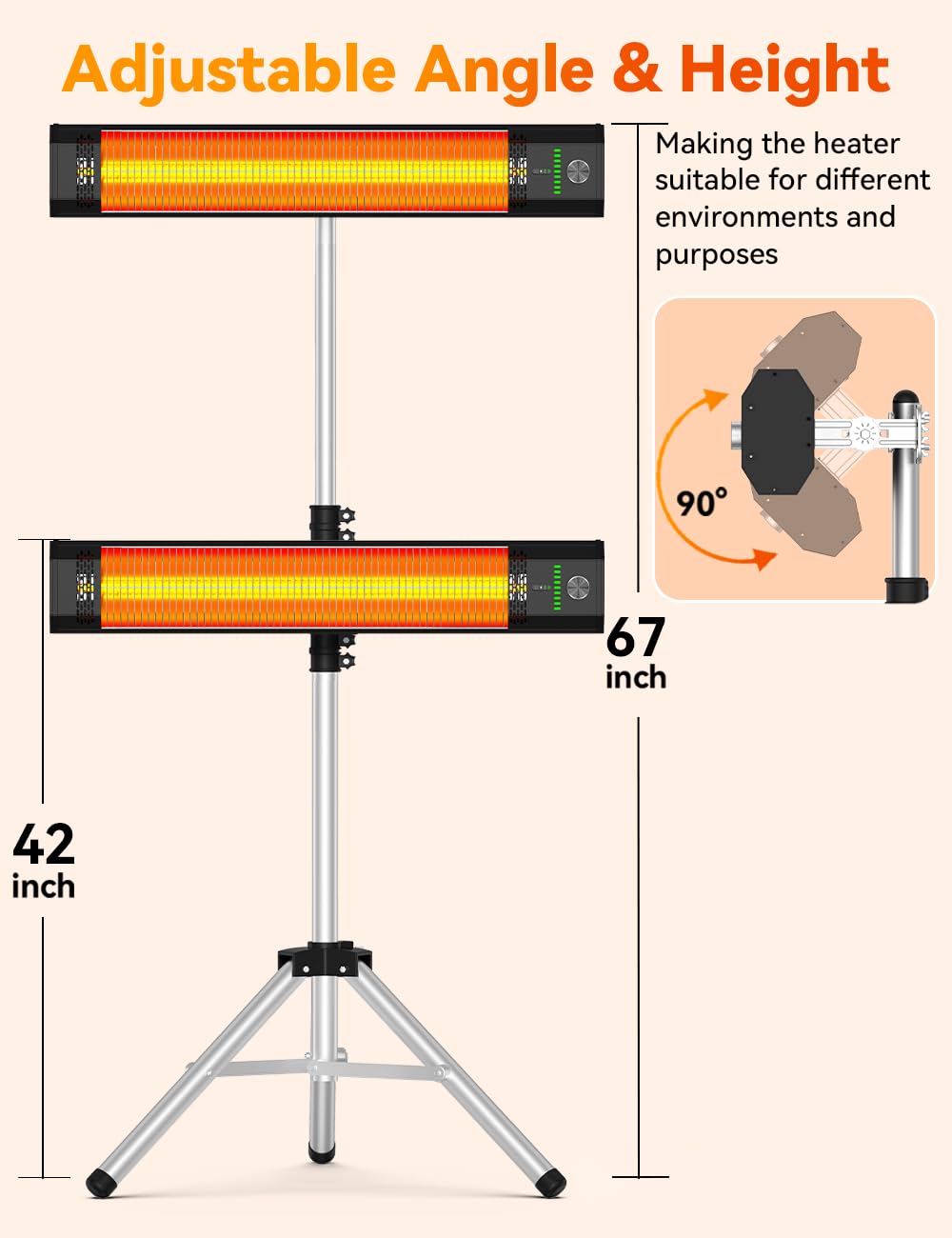 HETRAROOT Outdoor Heater for Patio, 9 Heating Levels, IP65 Waterproof Patio Heaters for Outdoor Use, 1500W Electric Heating Covers 400Sq.ft, 9H Timer, Tip-Over & Overheat Protection, 20FT Remote Control
