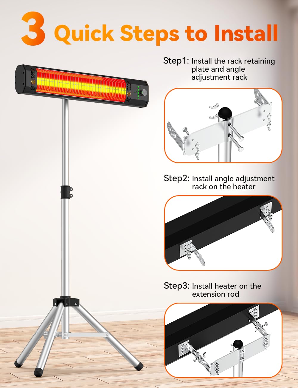 HETRAROOT Outdoor Heater for Patio, 9 Heating Levels, IP65 Waterproof Patio Heaters for Outdoor Use, 1500W Electric Heating Covers 400Sq.ft, 9H Timer, Tip-Over & Overheat Protection, 20FT Remote Control