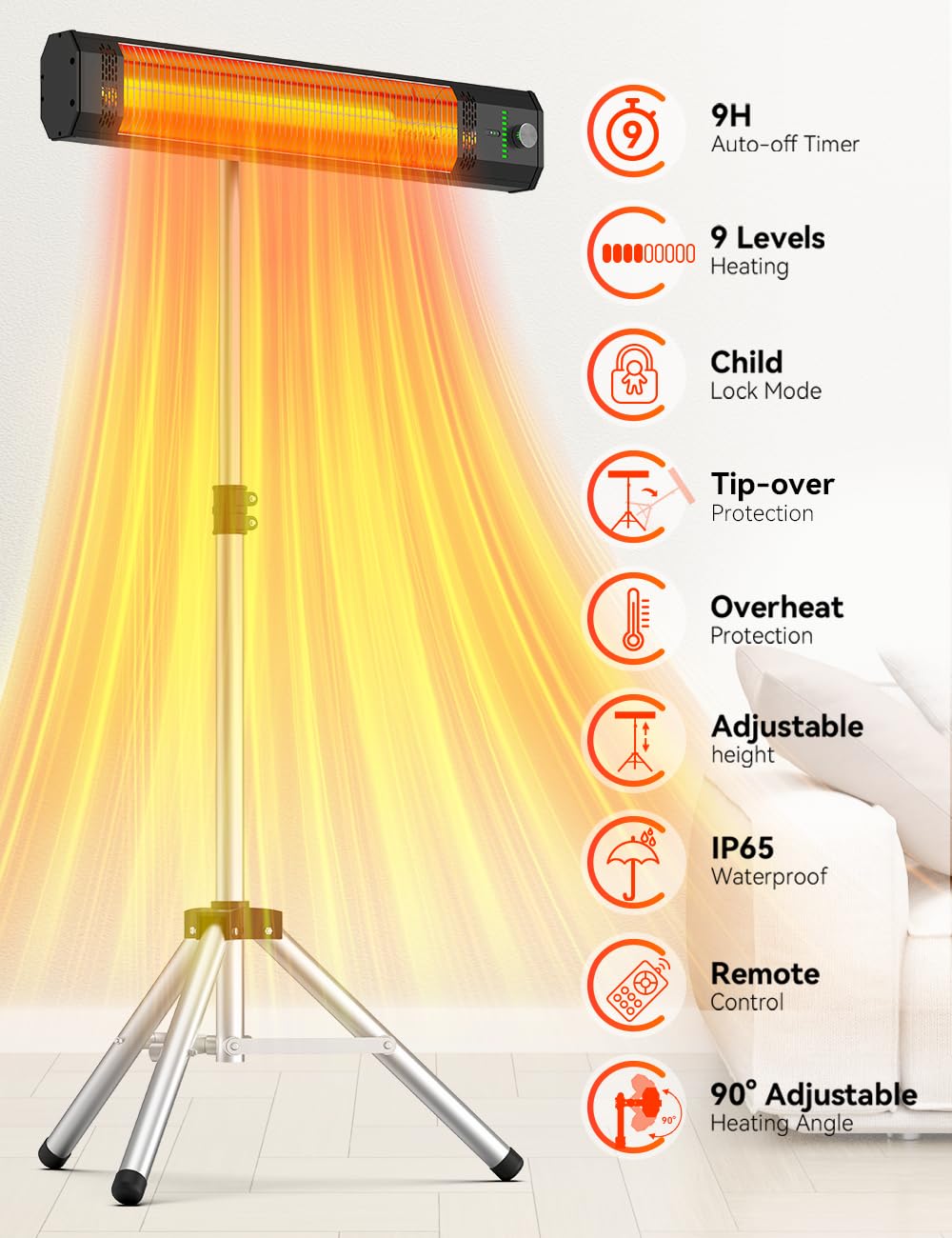 HETRAROOT Outdoor Heater for Patio, 9 Heating Levels, IP65 Waterproof Patio Heaters for Outdoor Use, 1500W Electric Heating Covers 400Sq.ft, 9H Timer, Tip-Over & Overheat Protection, 20FT Remote Control