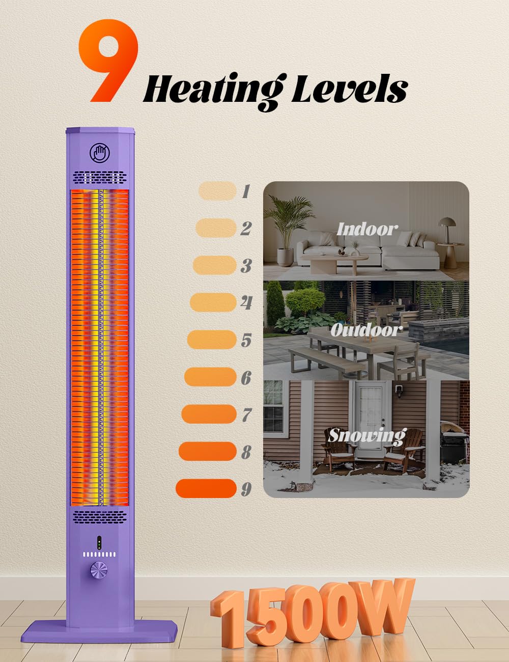 42INCH Outdoor Heater, 9 Heat Levels & Timer, Child Safety Lock, IP65 Waterproof Garage Heater, 1500W Infrared Heating,Tip-Over & Overheat Protection, Patio Heaters for Outdoor Use Indoor