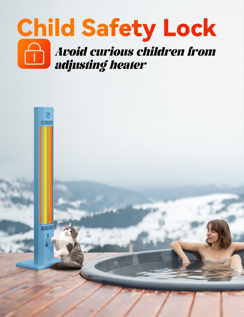 HETRAROOT 42INCH Outdoor Heater, 9 Heat Levels & Smart Timer, Child Safety Lock, IP65 Waterproof Garage Heater, 1500W Infrared Heating,Tip-Over & Overheat Protection, Patio Heaters for Outdoor Use, Indoor